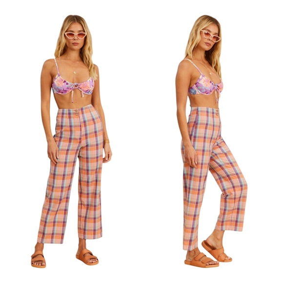 Billabong The Salty Blonde Break Point Pants Sz 30 Orange Gingham Resortwear - Picture 1 of 12